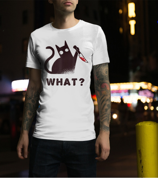 Black Cat Holding Bloody Knife With What Question For Halloween T-Shirt
