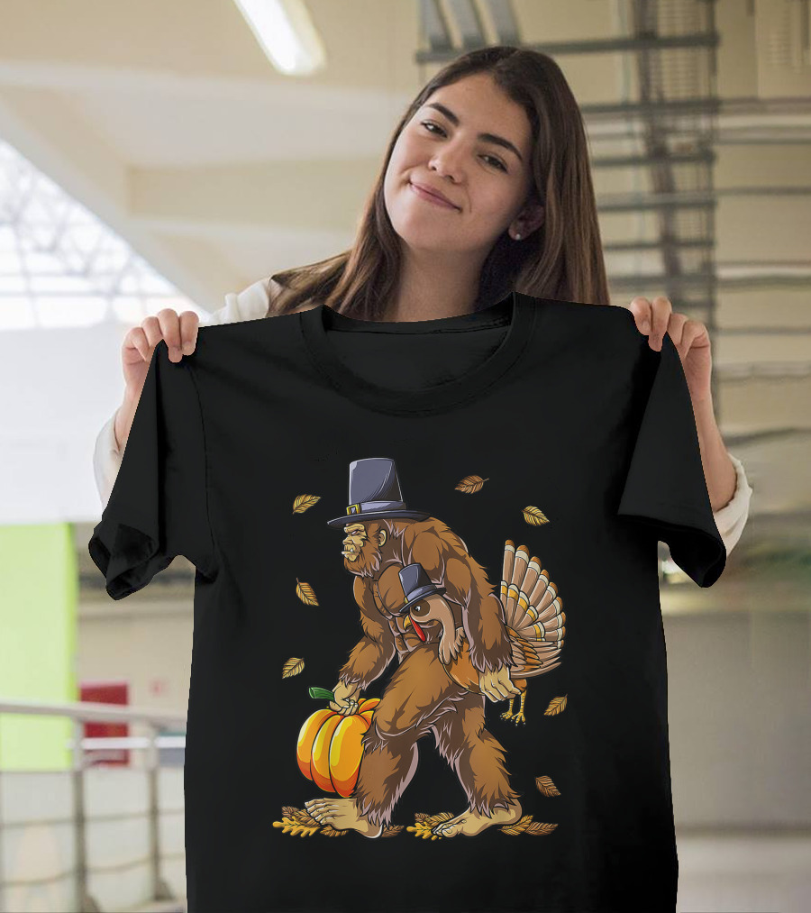Pilgrim Bigfoot Carrying Turkey and Pumpkin Thanksgiving Day Boys Men T-Shirt