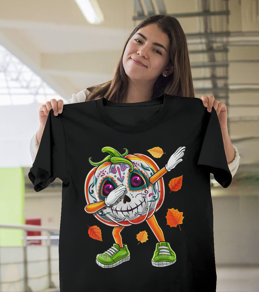 Dabbing Halloween Pumpkin Jack O Lantern Day Of The Dead Skull Leaves T-Shirt