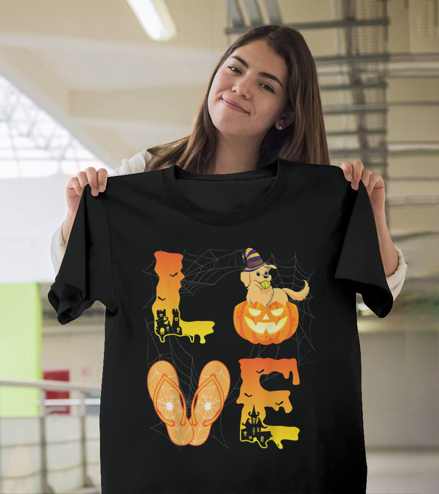 Love Halloween Pumpkin Golden Retriever Flip Flop Moon T-Shirt