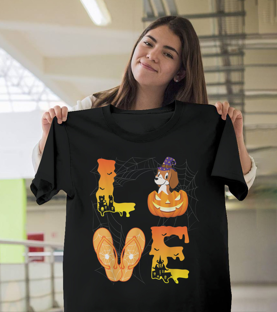 Moon Bat Pumpkin Beagle Love Halloween Flip Flop Day T-Shirt