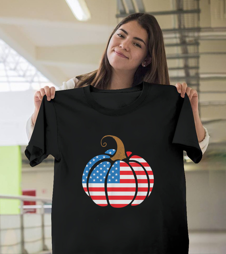 Pumpkin American Flag Patriot Fall Autumn Halloween Day T-Shirt
