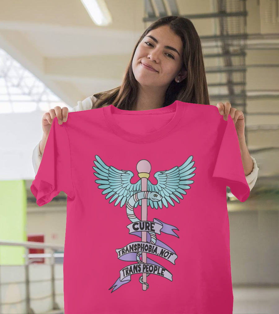 Target Pride Abprallen Cure Transphobia Not Trans People Caduceus Wings Snake Staff T-Shirt