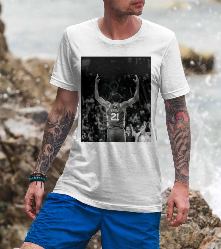 Joel Troel Embiid 21 Basketball Celebration Back View T-Shirt