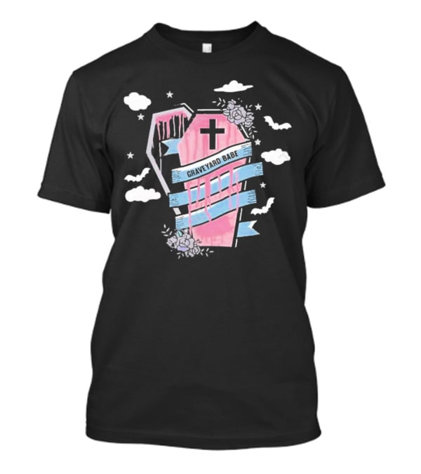 Graveyard Babe Pink Coffin With Cross And Bats T-Shirt