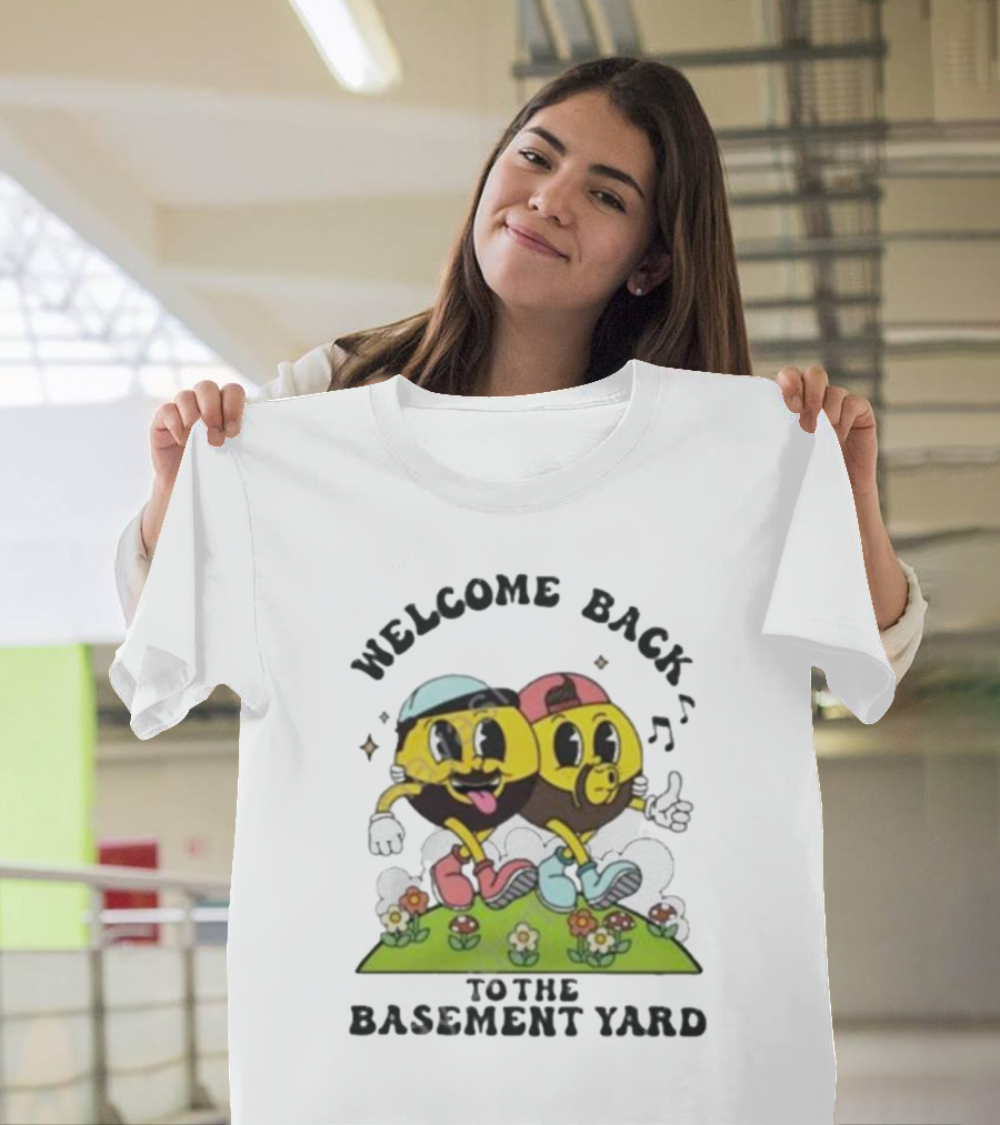 Welcome Back to the Basement Yard Happy Cartoon Characters on Floral Field T-Shirt