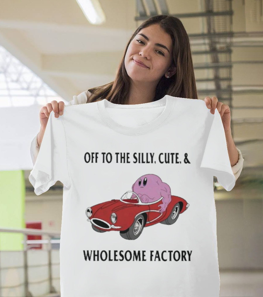 Off to the Silly, Cute, and Wholesome Factory with Cartoon Blob in Red Convertible T-Shirt