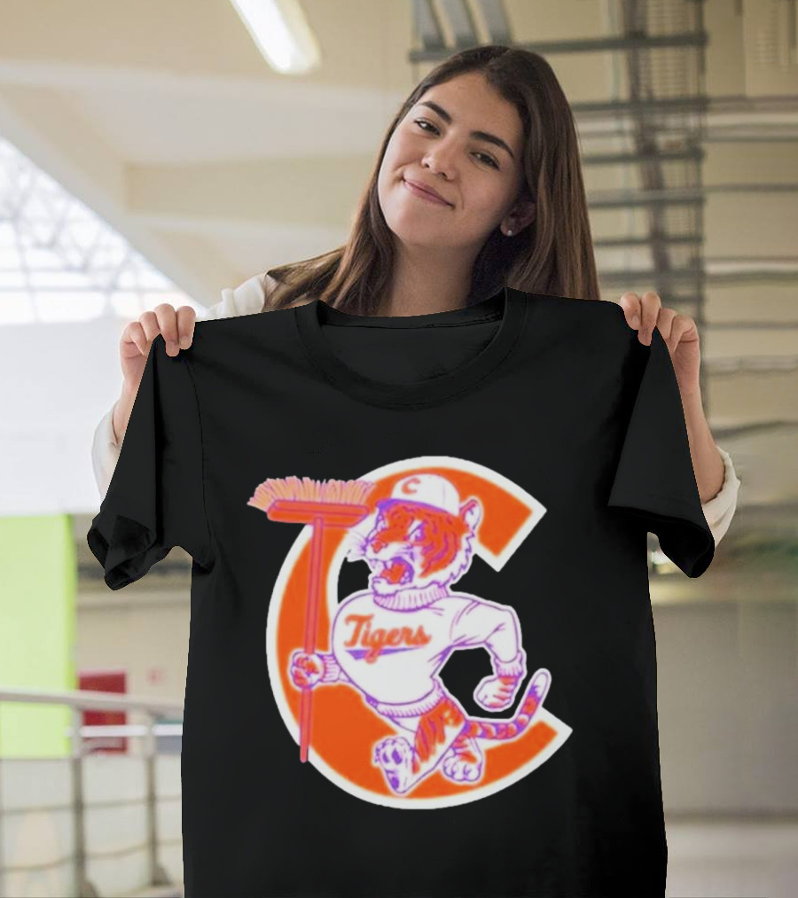 Sweep Tigers Logo Featuring Cartoon Tiger with Broom and Letter C T-Shirt