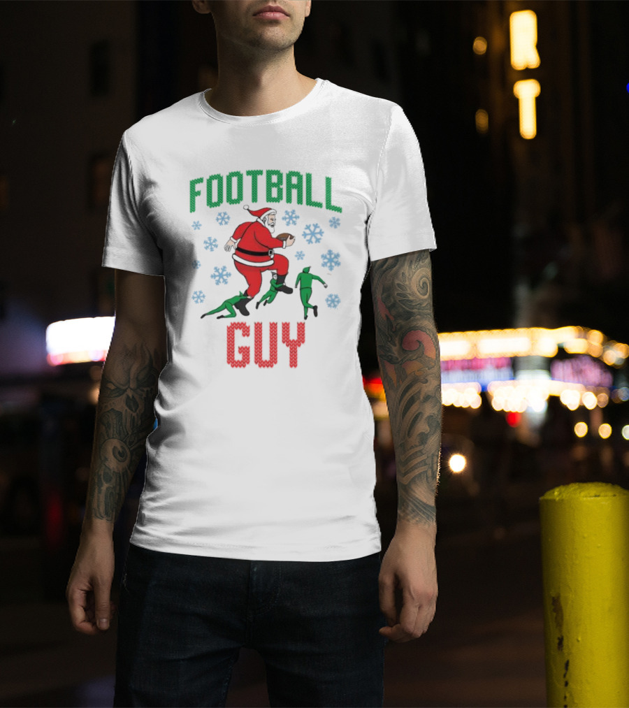 FOOTBALL GUY Santa Running With Football And Snowflakes T-Shirt