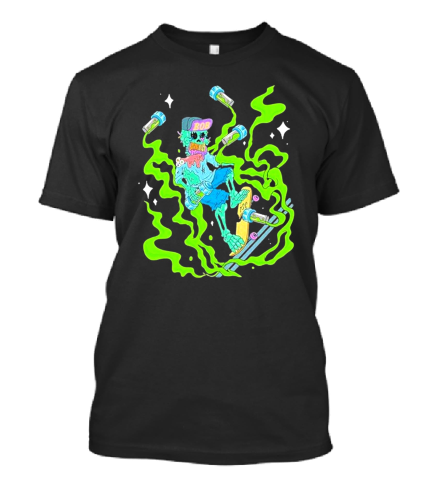 Toxic Skulls Club Bobburnquist Skateboarding Skeleton With Green Smoke And Skateboard T-Shirt