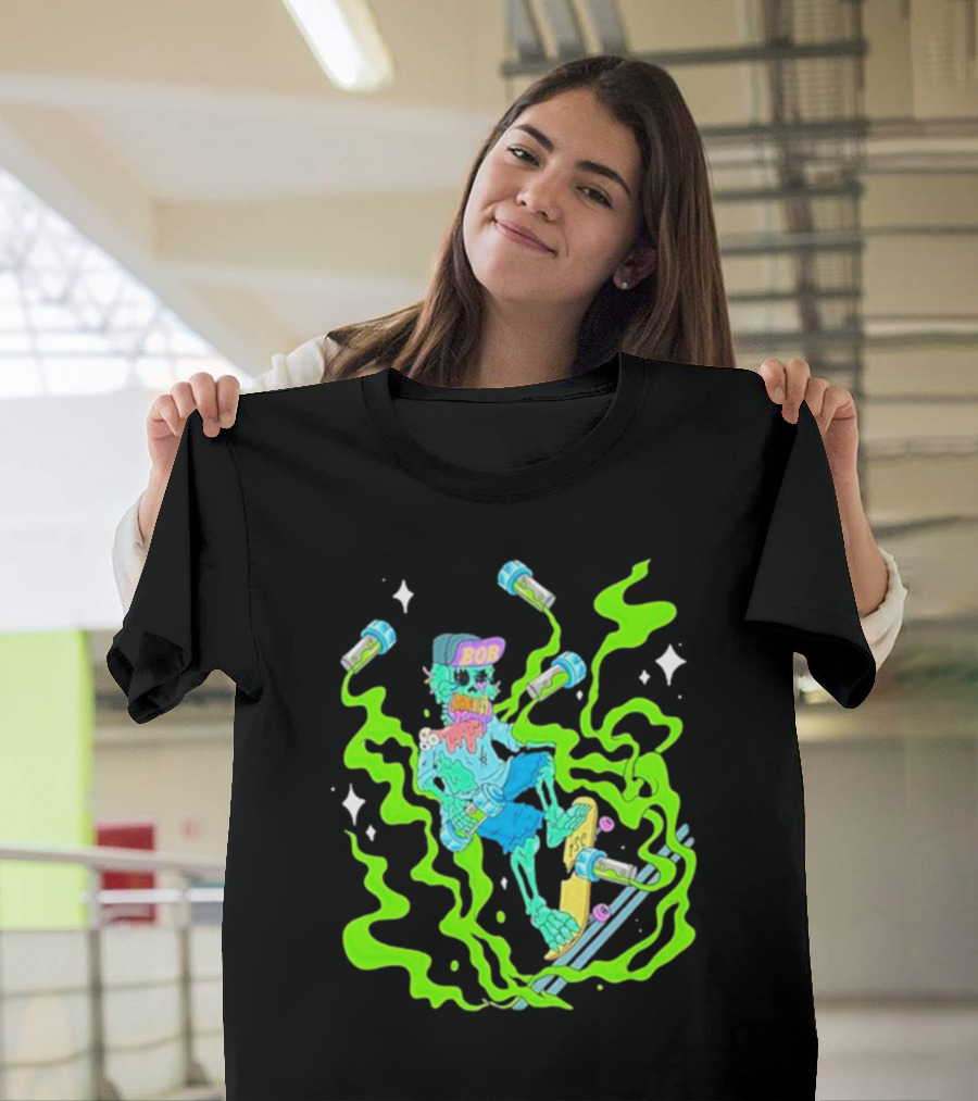 Toxic Skulls Club Bobburnquist Skateboarding Skeleton With Green Smoke And Skateboard T-Shirt
