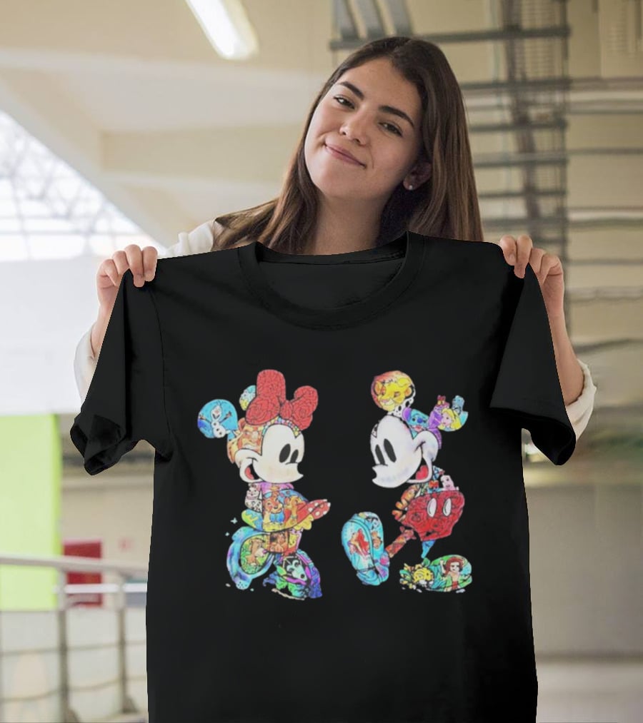 Couple Mickey Minnie Disney Characters Collage T-Shirt