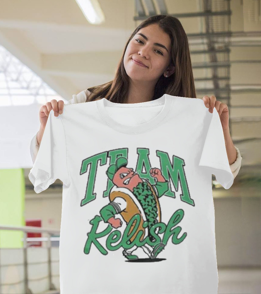 Team Relish Hot Dog Derby Mascot Racing Pose T-Shirt