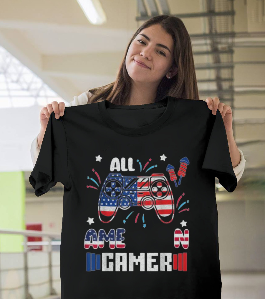 All American Gamer 4th of July Flag Controller Fireworks T-Shirt