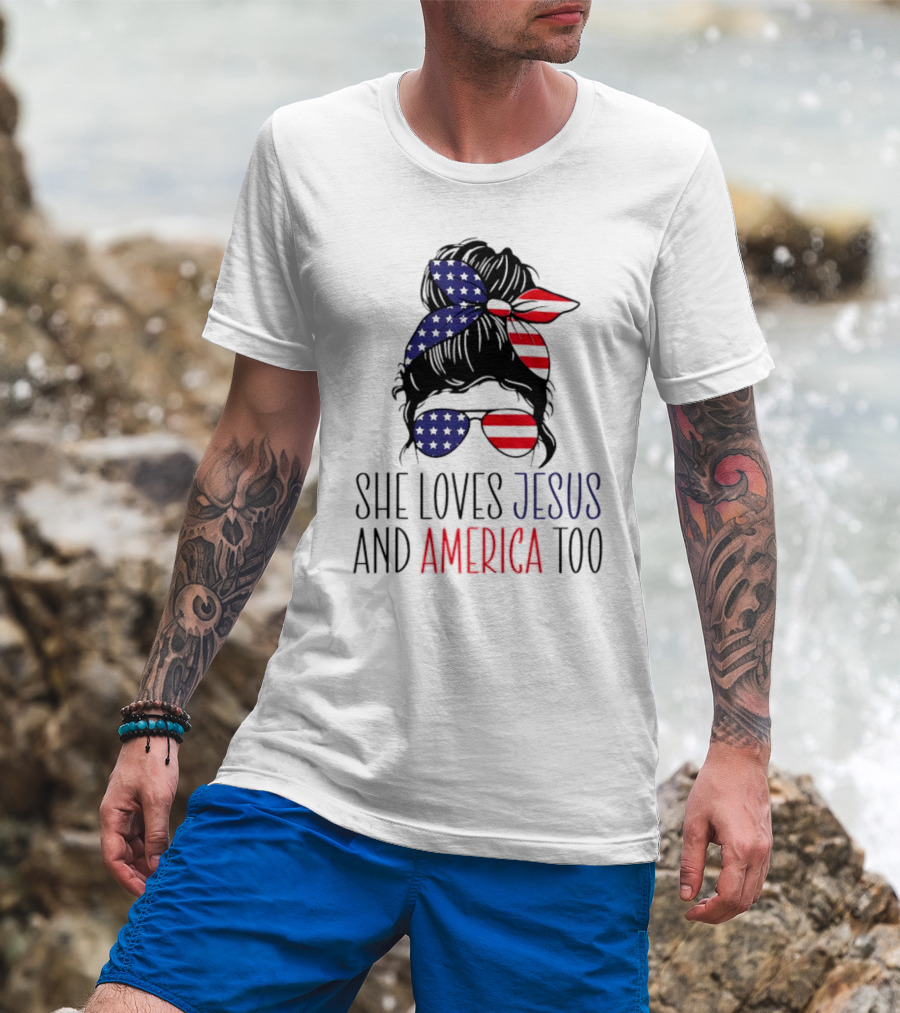 She Loves Jesus And America Too Patriotic Bandana And Sunglasses 4th Of July T-Shirt