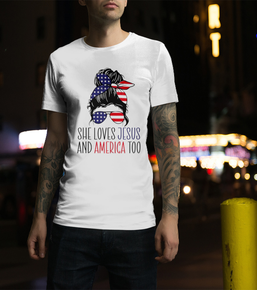 She Loves Jesus And America Too Patriotic Bandana And Sunglasses 4th Of July T-Shirt