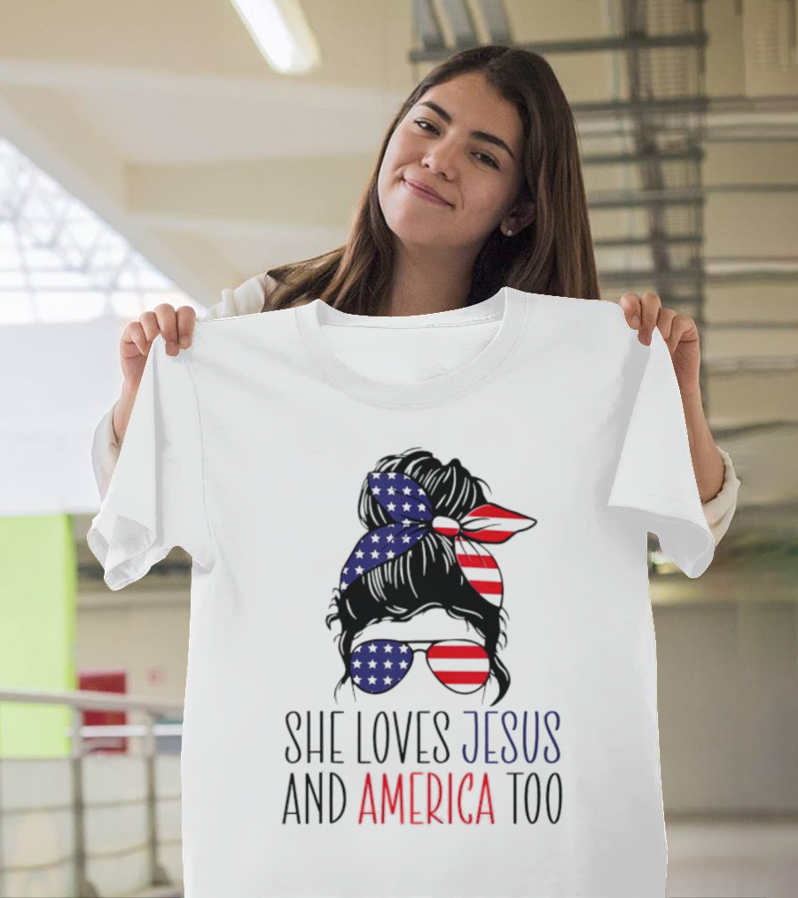 She Loves Jesus And America Too Patriotic Bandana And Sunglasses 4th Of July T-Shirt