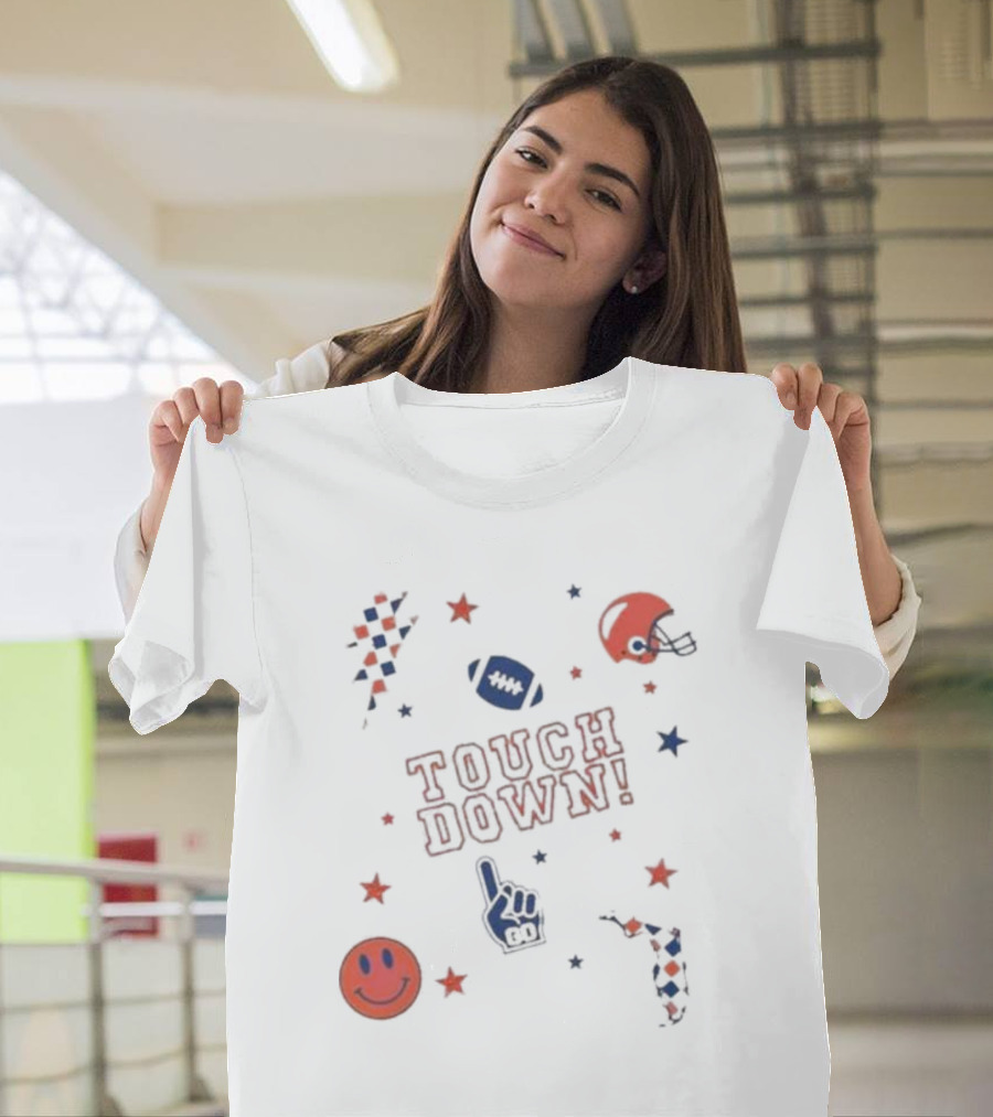 TOUCH DOWN Football Elements with Helmet Smiley and Stars T-Shirt