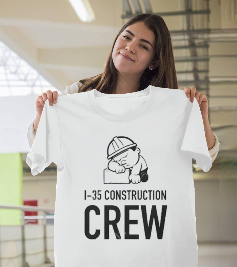 I-35 Construction Crew Cartoon Worker Sleeping on Block T-Shirt
