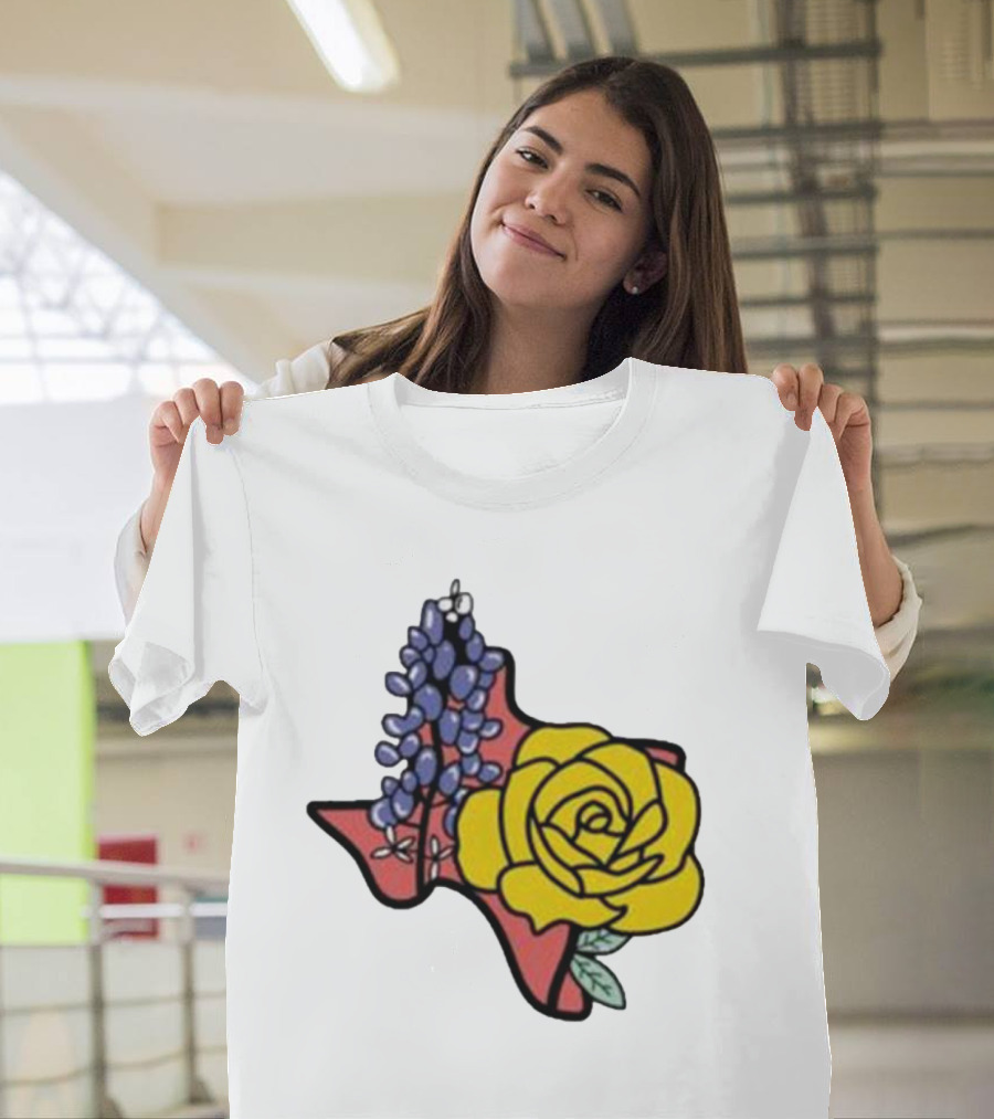 Texas Wildflower Humor Yellow Rose Bluebonnet State Outline T-Shirt