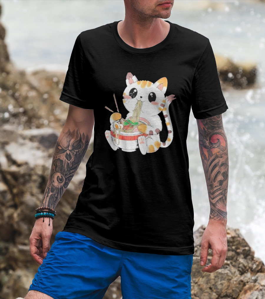 Kawaii Neko Eating Ramen In Cute Cartoon T-Shirt