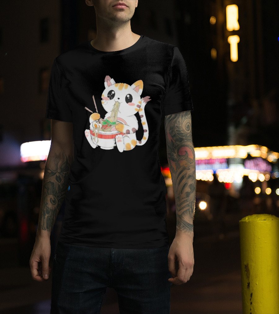 Kawaii Neko Eating Ramen In Cute Cartoon T-Shirt