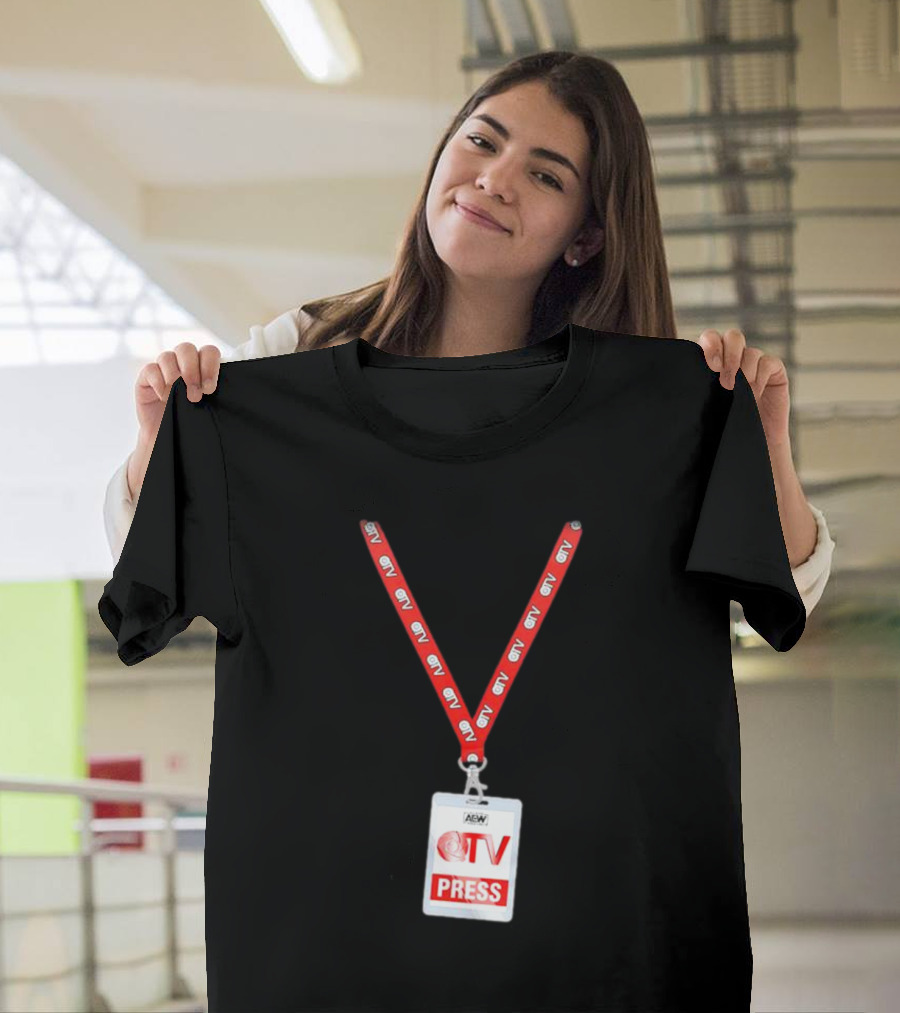 QT Marshall AEW QTV Press Pass Badge with Red Lanyard T-Shirt
