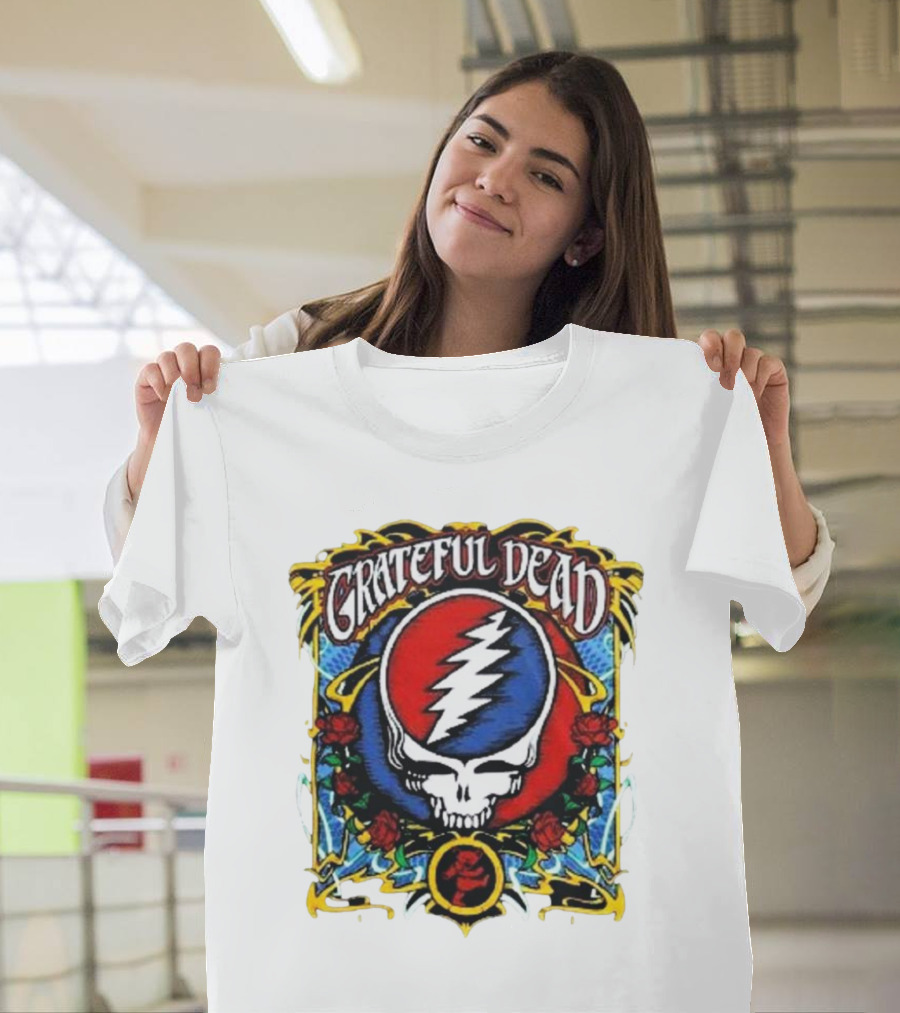 Grateful Dead Steal Your Face Skull with Roses and Lightning Bolt T-Shirt
