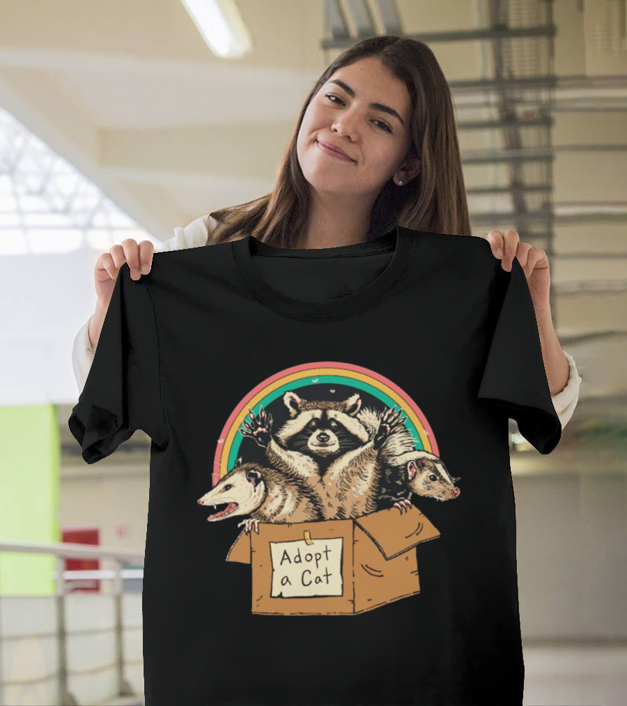 Wicked Clothes Adopt A Cat Raccoon And Opossum In Cardboard Box Rainbow T-Shirt