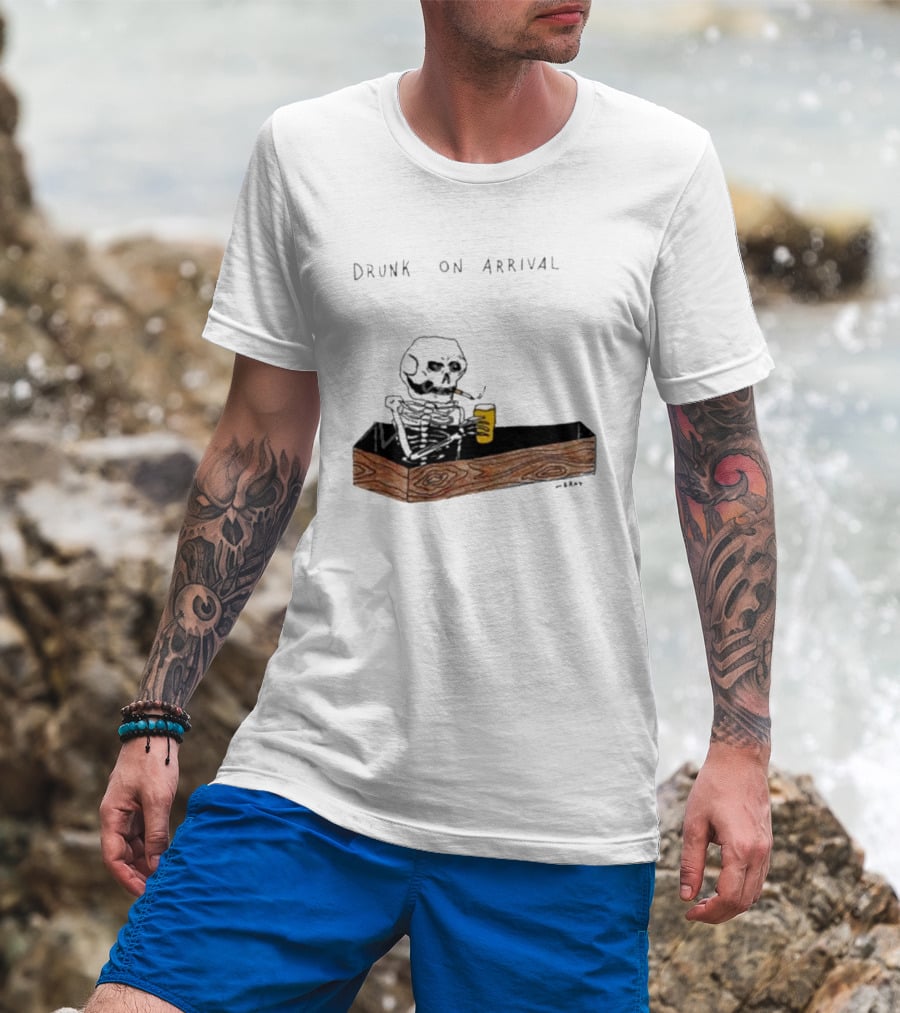 Matt Gray Drunk On Arrival Skeleton In Coffin Holding Drink T-Shirt