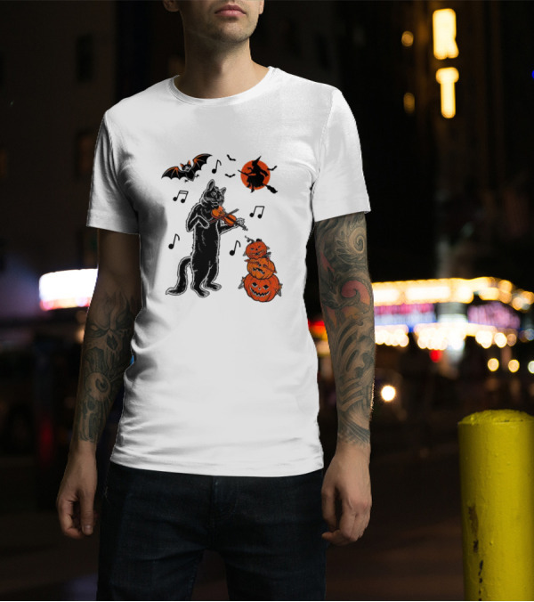 Black Cat Playing Violin With Witch, Devilish Bat, And Stacked Pumpkins Halloween T-Shirt