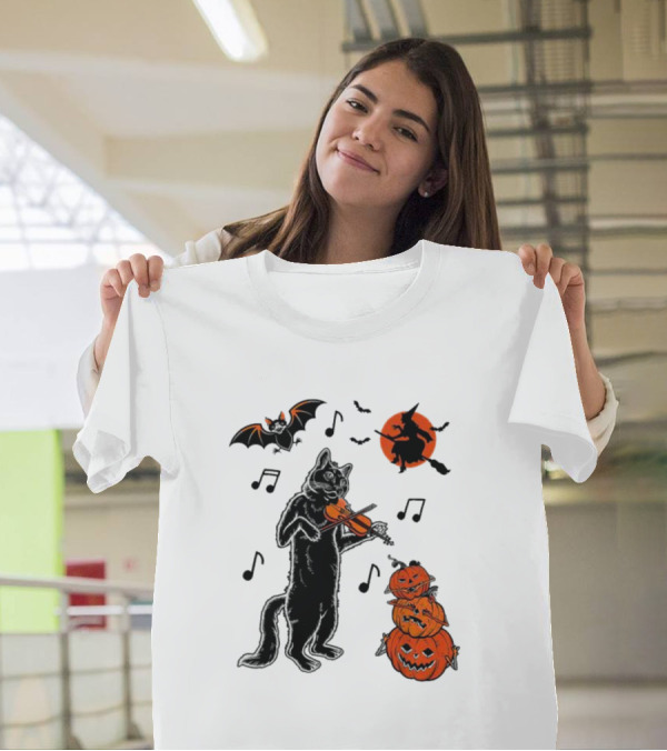 Black Cat Playing Violin With Witch, Devilish Bat, And Stacked Pumpkins Halloween T-Shirt