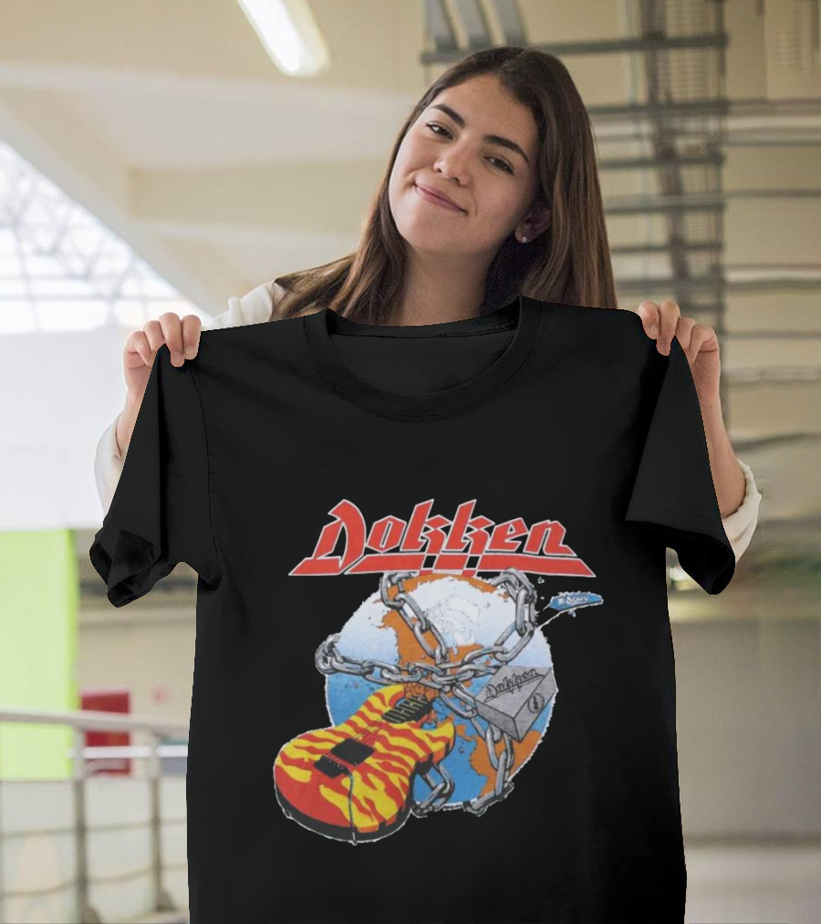 1980s Dokken Rokken With Dokken Flaming Guitar Chained To Globe T-Shirt