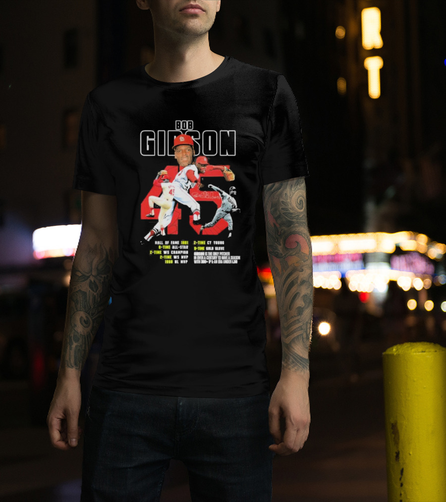 Bob Gibson St Louis Cardinals Hall Of Fame MLB Legend Pitcher Career Highlights 45 T-Shirt
