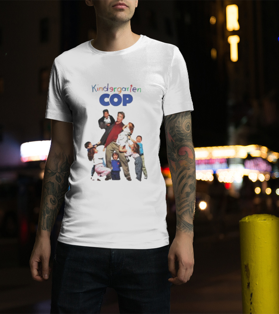 Kindergarten Cop Starring Arnold Schwarzenegger Surrounded By Kids In Colorful Letters T-Shirt