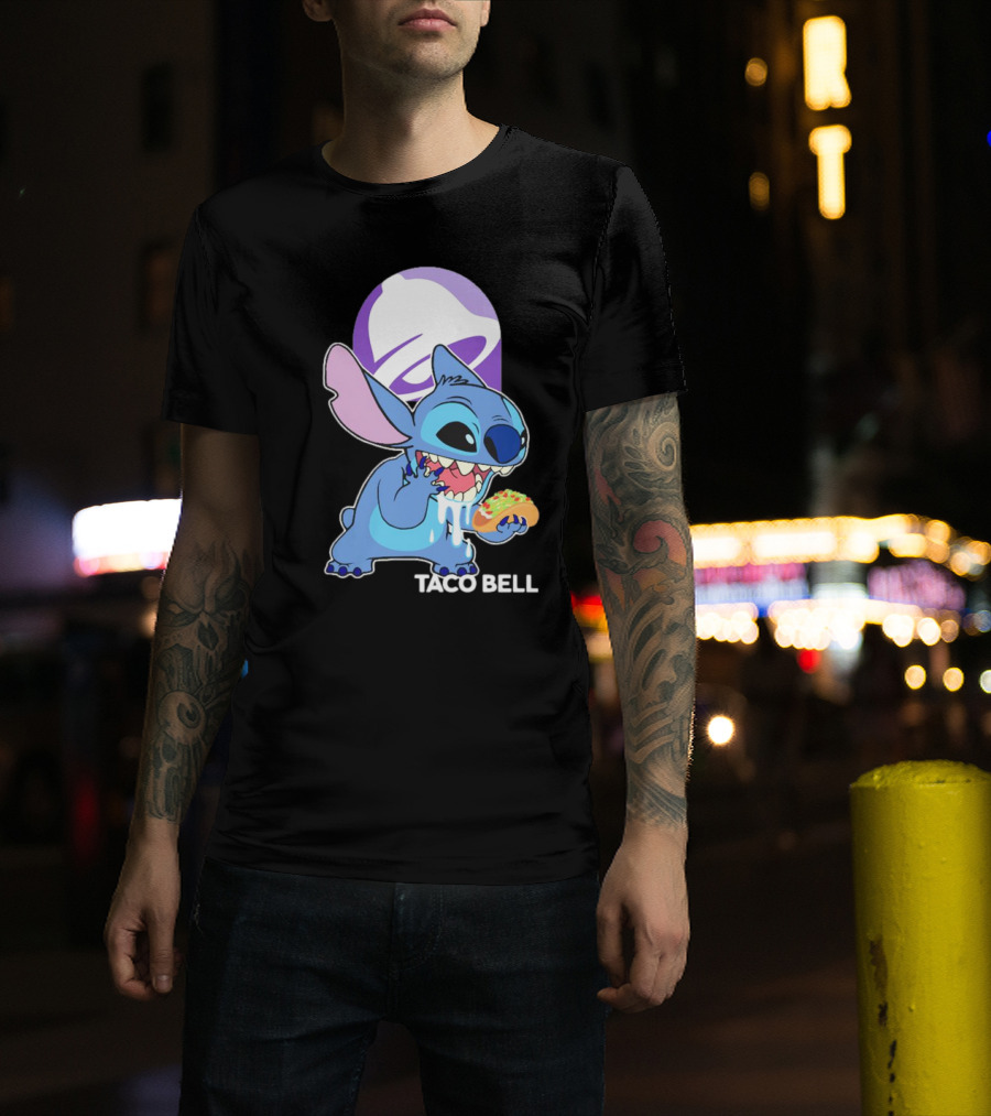 Stitch Eating Taco Bell Tacos With Logo Background T-Shirt