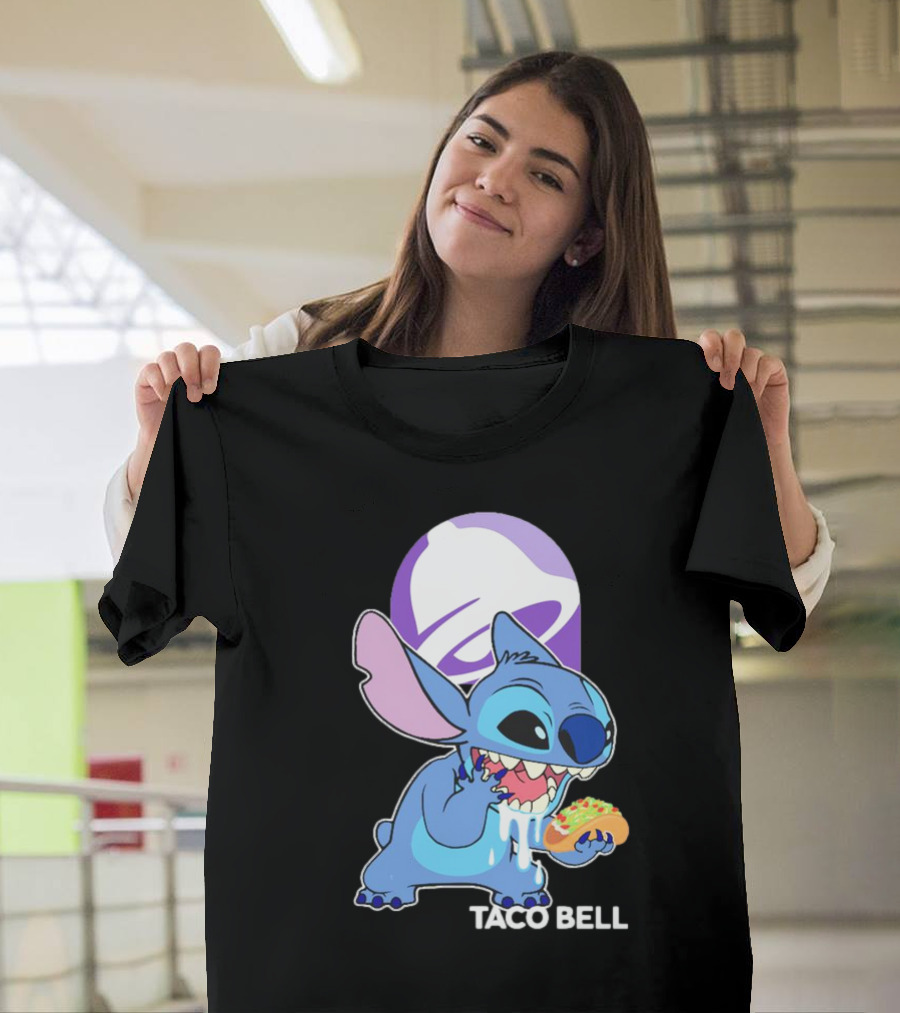 Stitch Eating Taco Bell Tacos With Logo Background T-Shirt