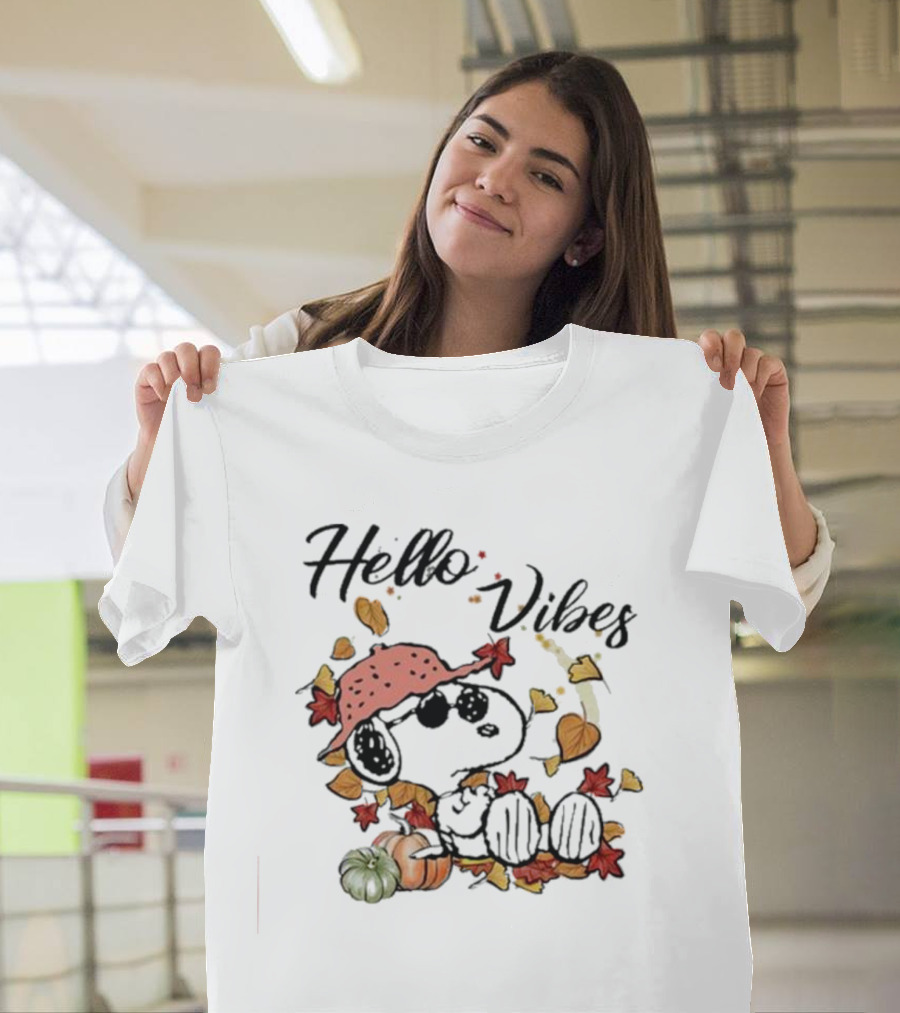 Snoopy Hello Vibes Fall Leaves Pumpkins T-Shirt
