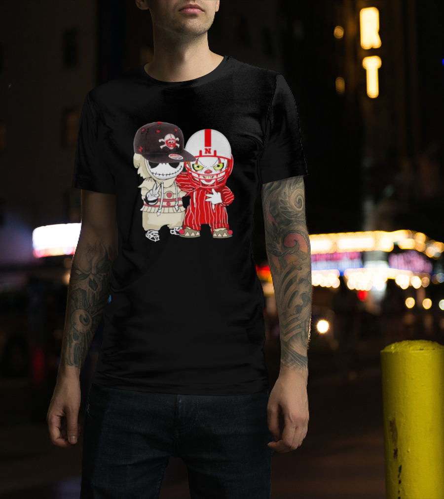 Baby Jack Skellington And Pennywise Nebraska Cornhuskers Halloween Characters T-Shirt