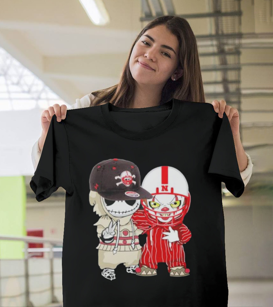 Baby Jack Skellington and Pennywise Nebraska Cornhuskers Halloween Characters T-Shirt