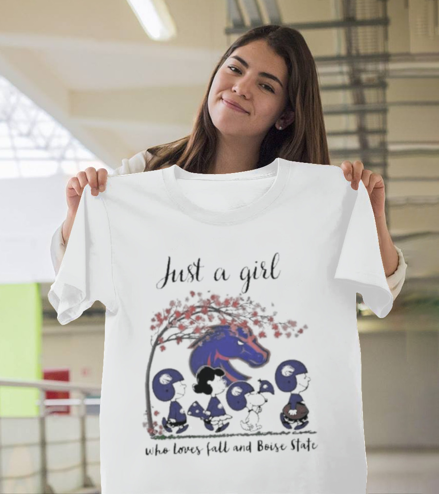 Just A Girl Who Loves Fall And Boise State Broncos Peanuts Snoopy Charlie Brown T-Shirt