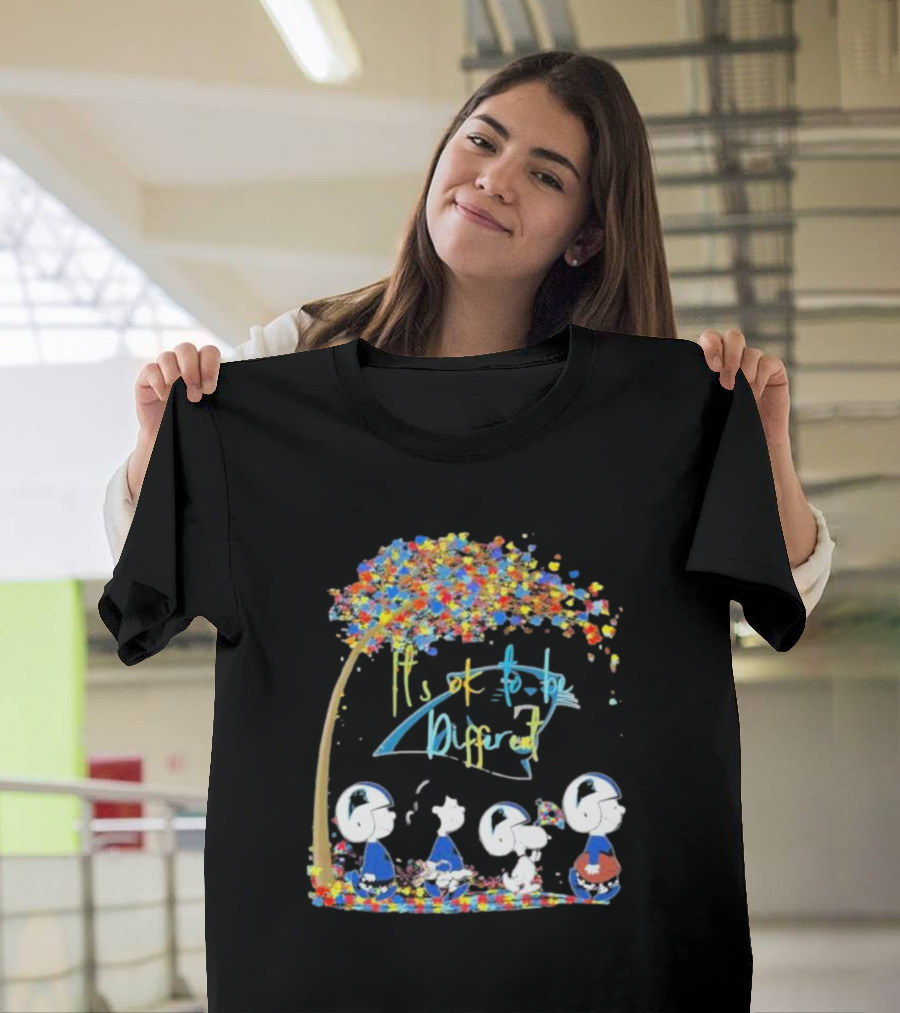 Carolina Panthers NFL It's Ok To Be Different Peanuts Characters Under Colorful Tree T-Shirt