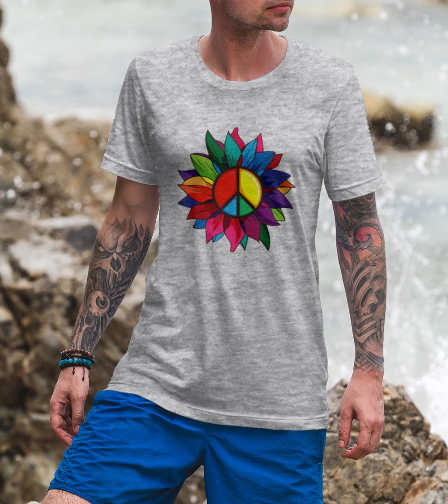 Hippie Rainbow Peace Sign Colorful Flower T-Shirt