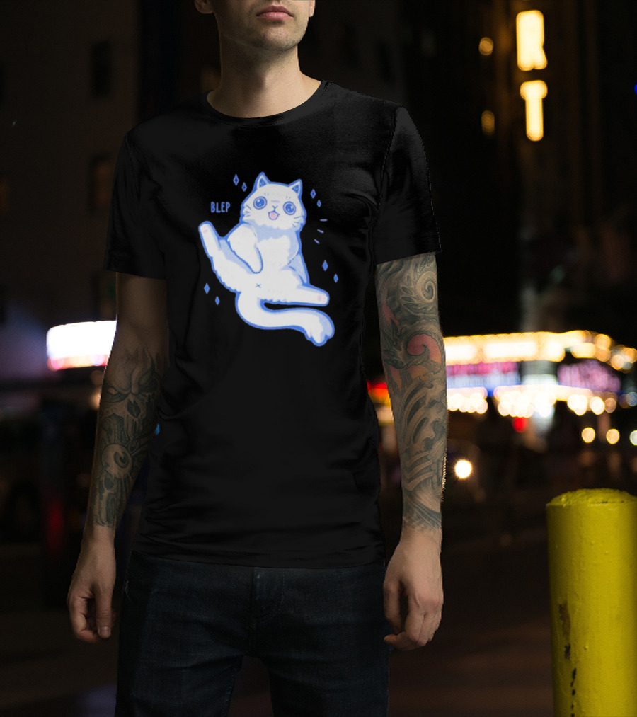 Xmorfina Blep Cute Cat With Tongue Out In Blue And White Cartoon T-Shirt