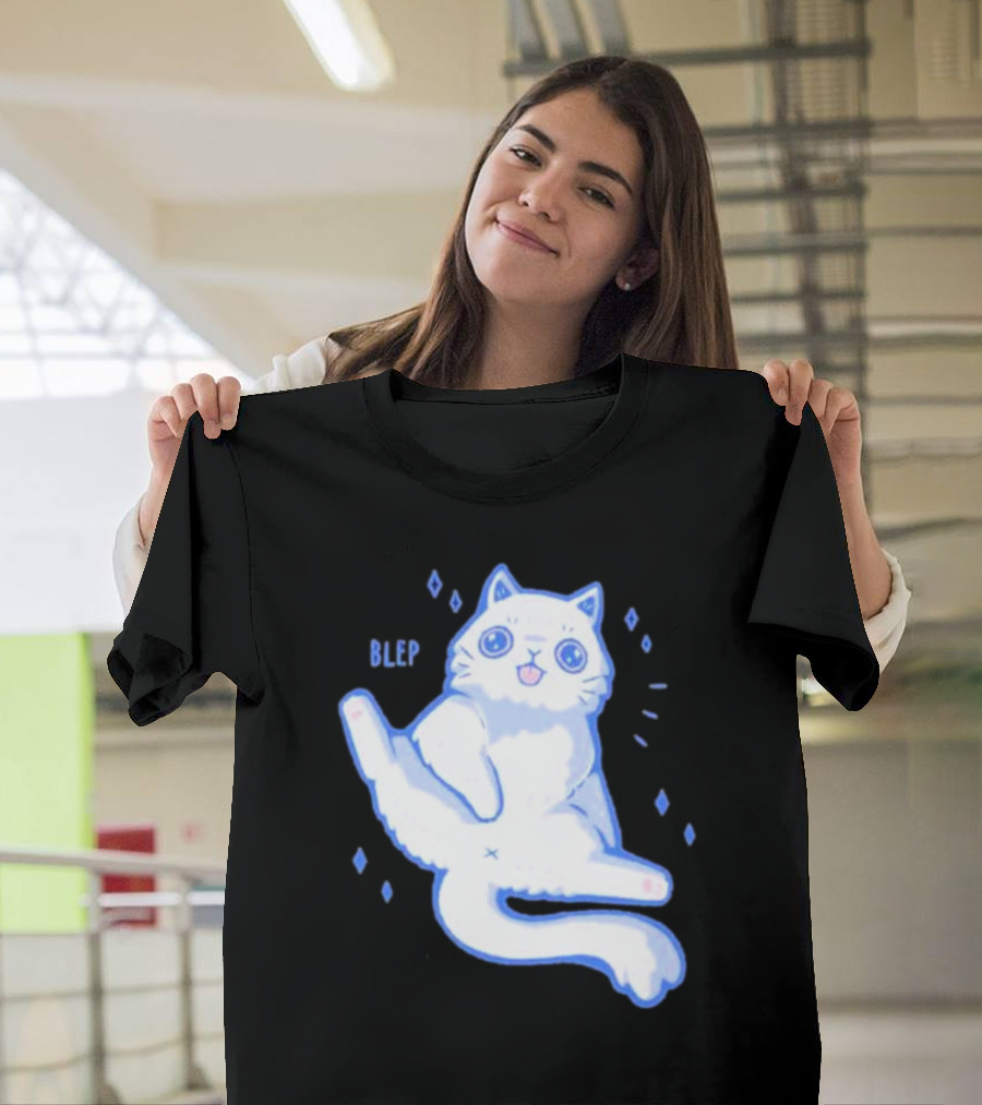 Xmorfina Blep Cute Cat With Tongue Out In Blue And White Cartoon T-Shirt