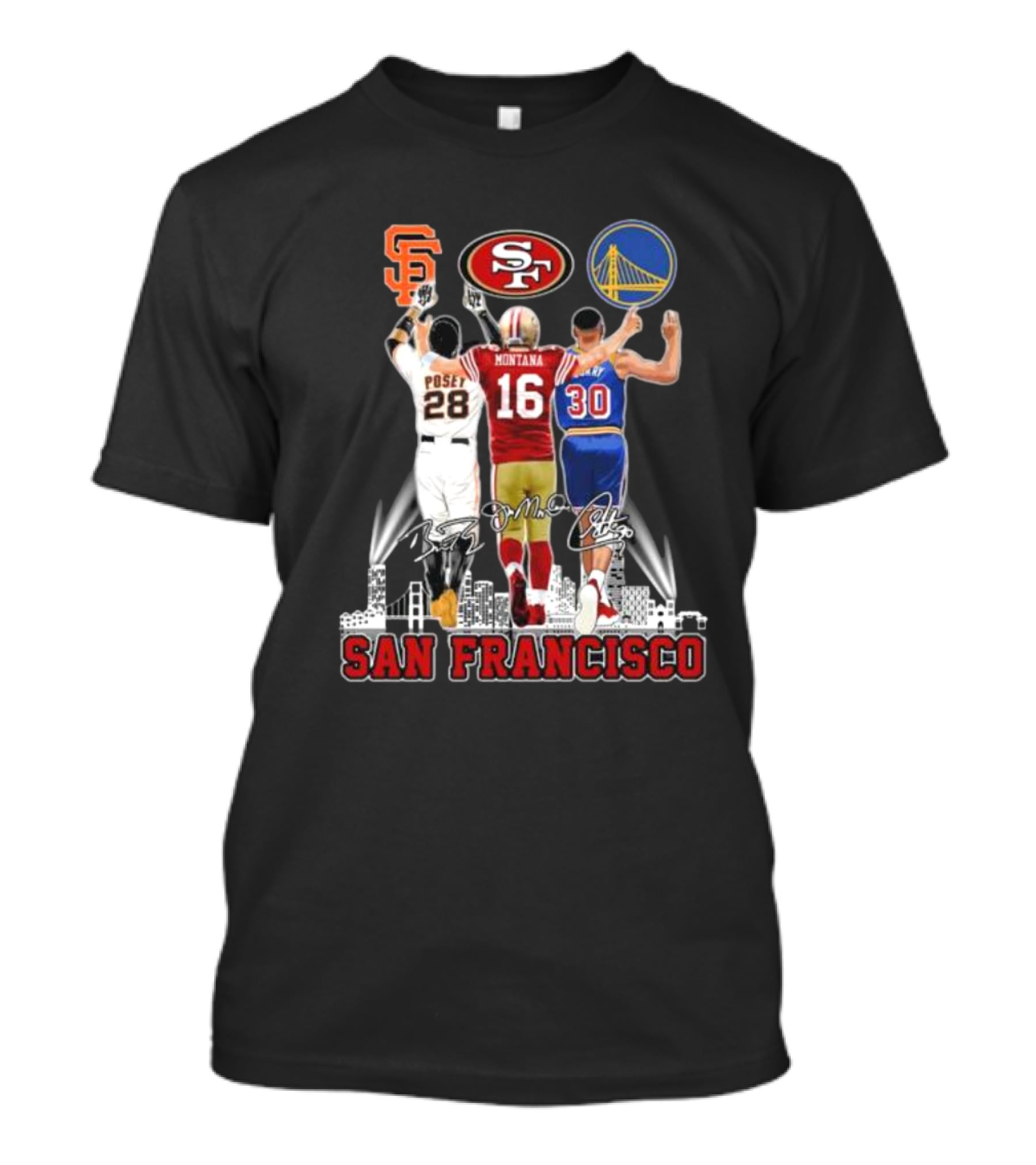 San Francisco Giants 49ers Warriors Buster Posey Joe Montana Stephen Curry Signatures T-Shirt
