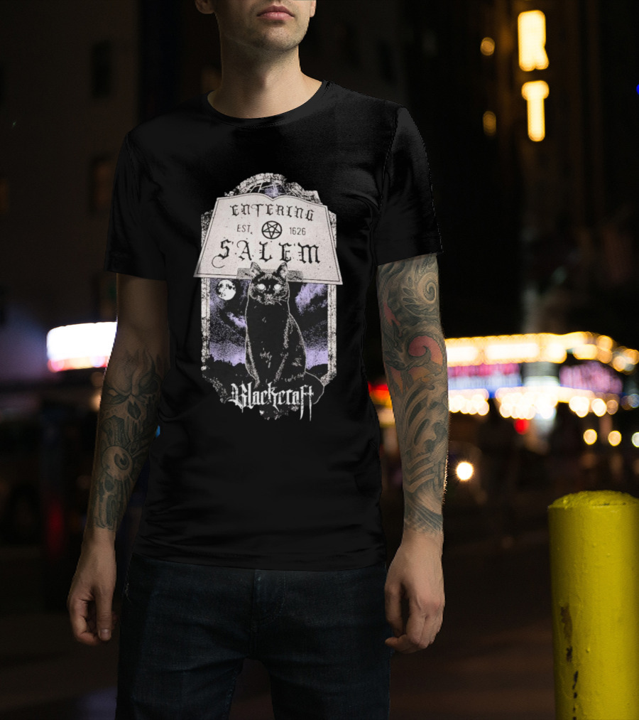 Blackcraft Cult Entering Salem Est. 1626 Black Cat And Crescent Moon Scene T-Shirt