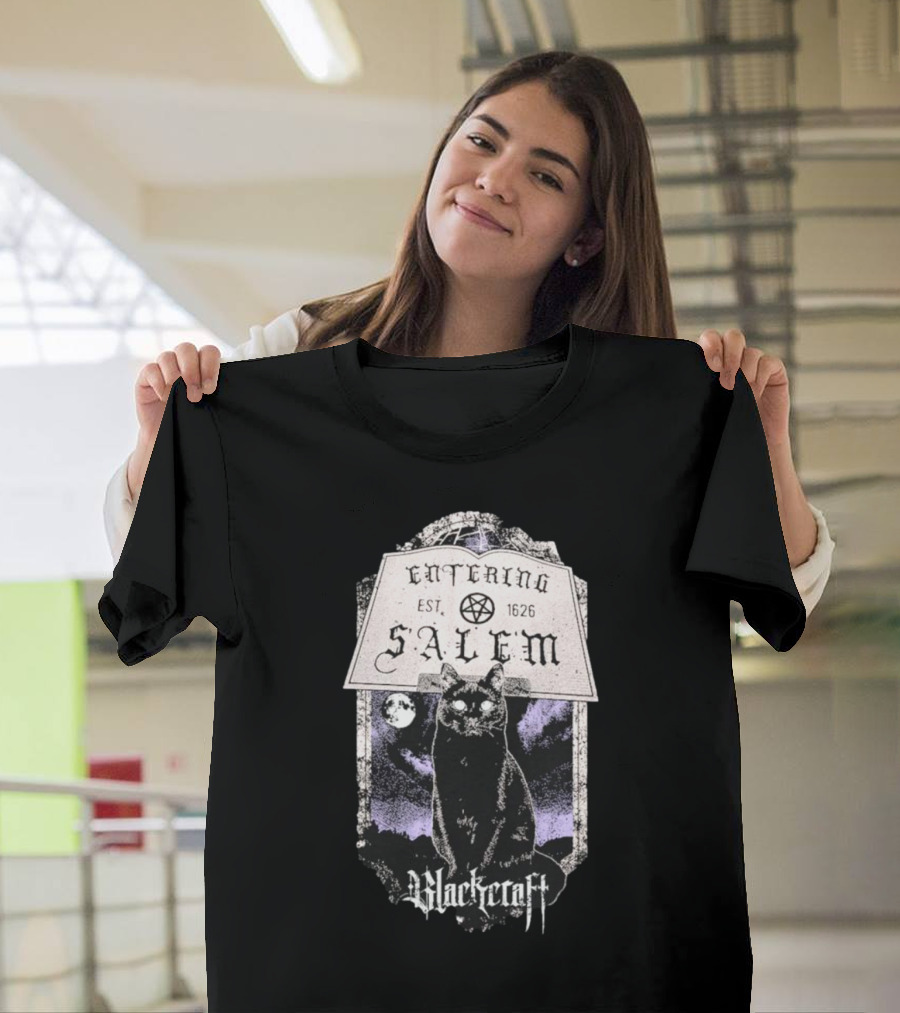 Blackcraft Cult Entering Salem Est. 1626 Black Cat And Crescent Moon Scene T-Shirt