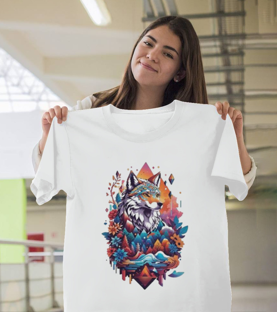 Colorful Geometric Wolf with Mountains and Flowers T-Shirt