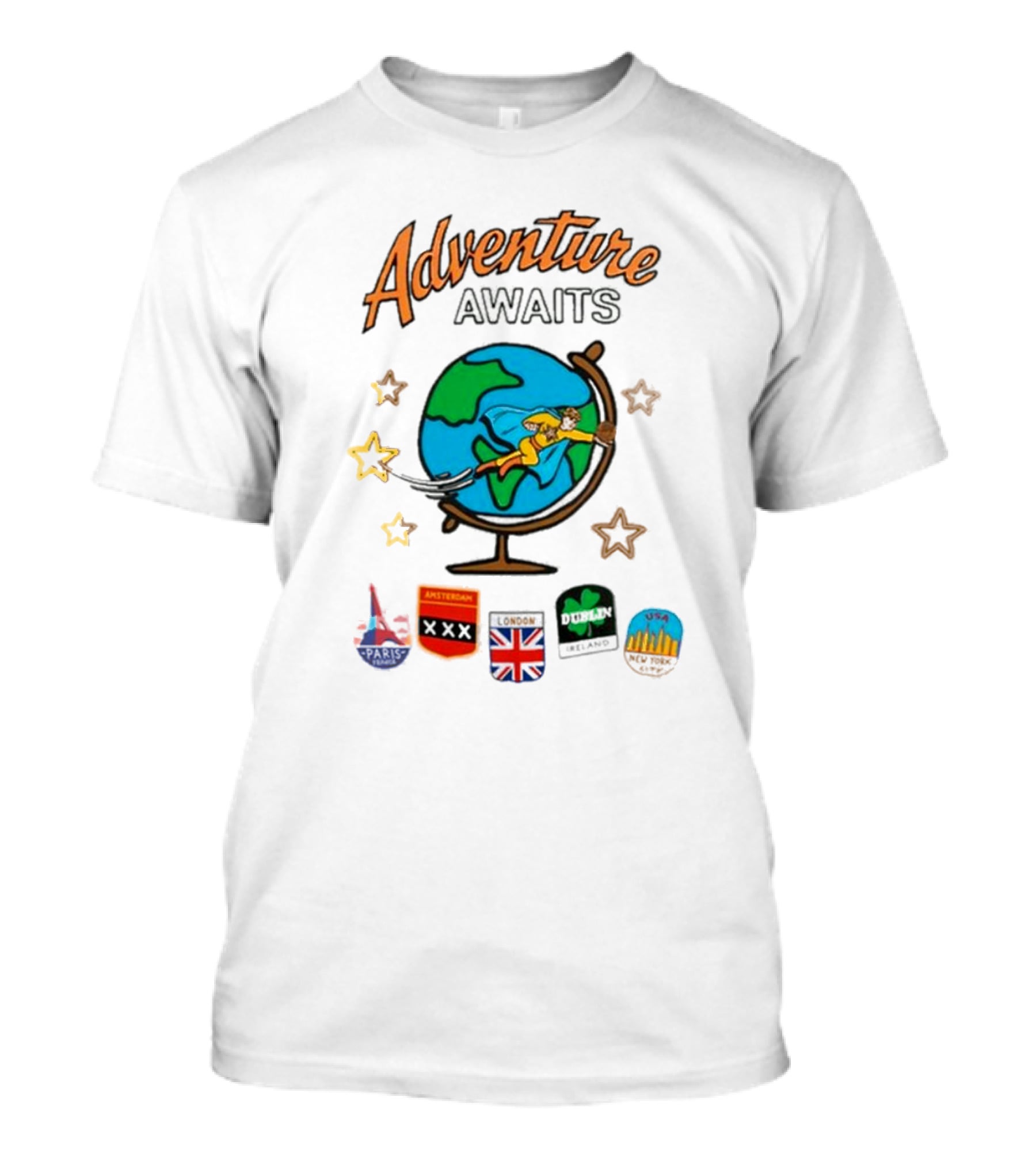 Adventure Awaits One Cent Travel Club Globe Paris Amsterdam London USA Icons T-Shirt